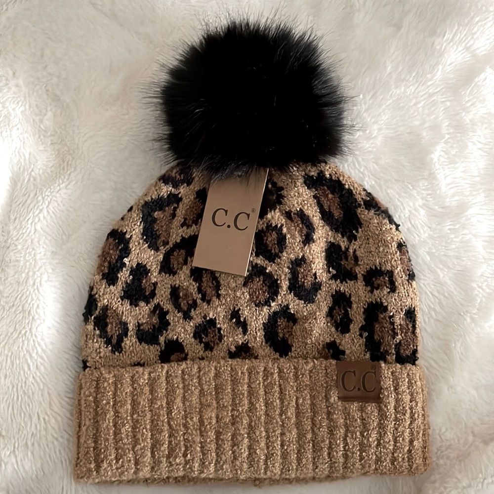 C.C Leopard Beanie  Winter Hat Women's Tan Black Brown Animal Print